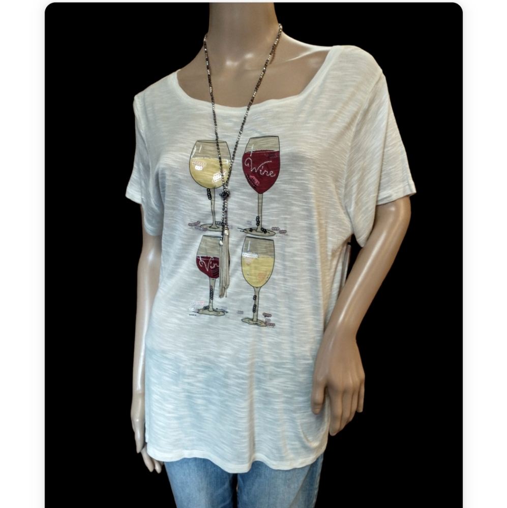 Kate Park Womens Ivory Short Sleeve T Shirt Wine Glass Graphics Size L